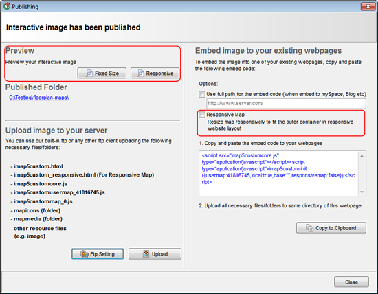 Publish dialog with responsive map options